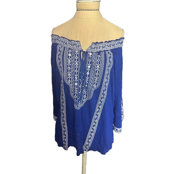 New INC International Concepts Blue Metallic Off Shoulder Boho Top Shirt Sz PS - Picture 1 of 5